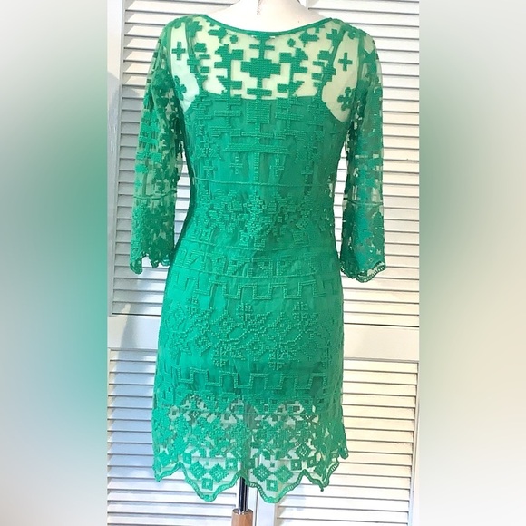Anthropologie Yoana Baraschi Emerald Green lace overlay midi dress - Picture 3 of 5